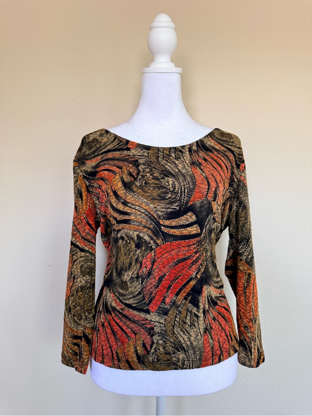 Susan Lawrence Women's Blouse Patterned Top in Rust and Olive